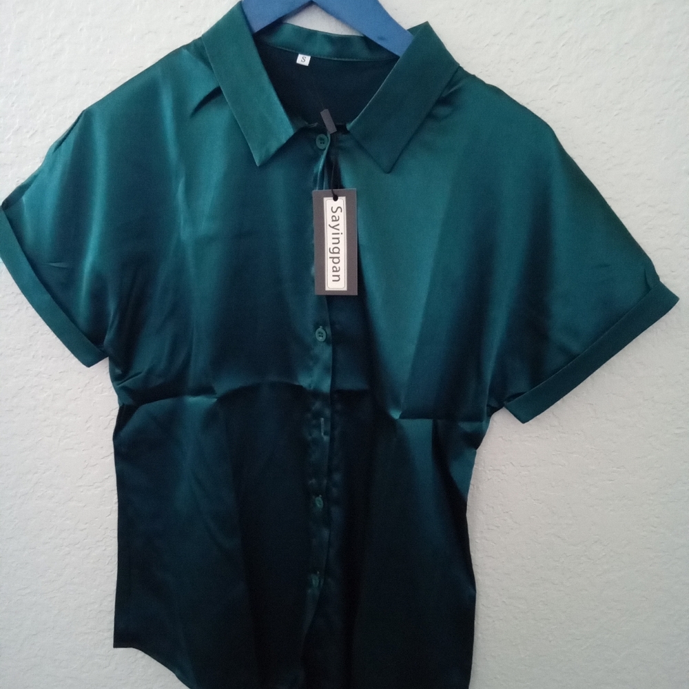 Sayingpan Women's Satin Short Sleeve Button Front Green Top Size S